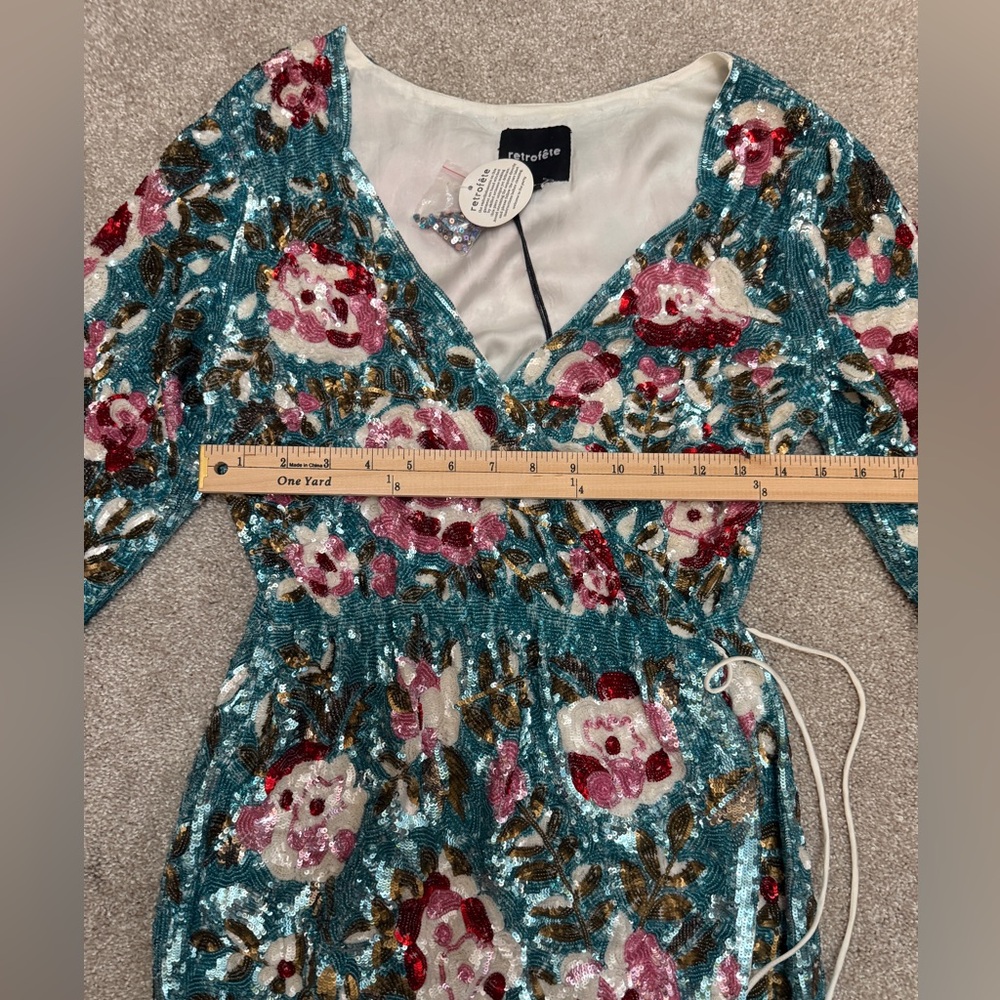 Retrofete Blue Floral Pattern Sequin Embellished Crepe Wrap Dress S - NWT - Picture 10 of 15